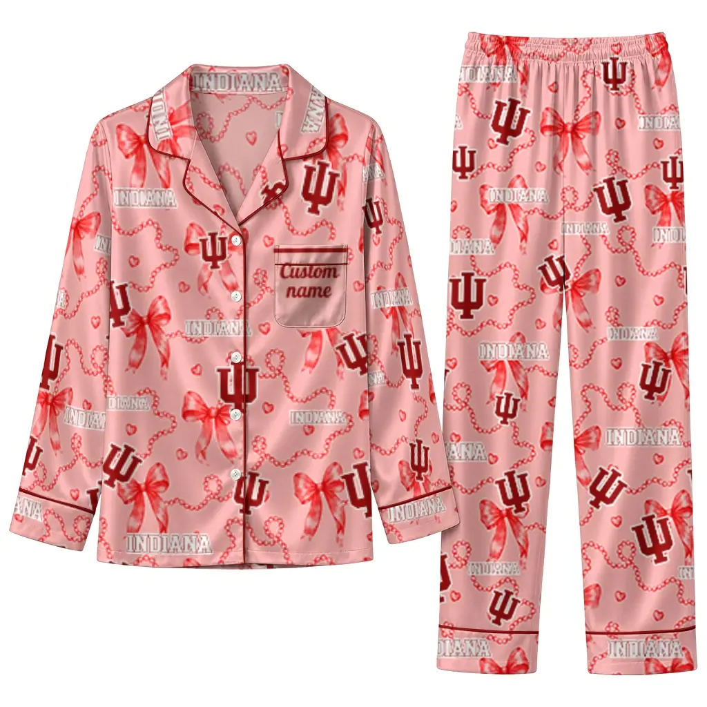 Indiana Hoosiers Long Pajama Set Custom Ribbon Chains Red Best Selling Indiana Hoosiers Long Pajama Set Custom Ribbon Chains Red Best Selling