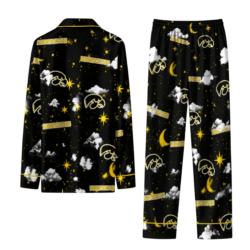 Iowa Hawkeyes Long Pajama Set Personalized Cloud Stars Black Fashion Forward Iowa Hawkeyes Long Pajama Set Personalized Cloud Stars Black Fashion Forward