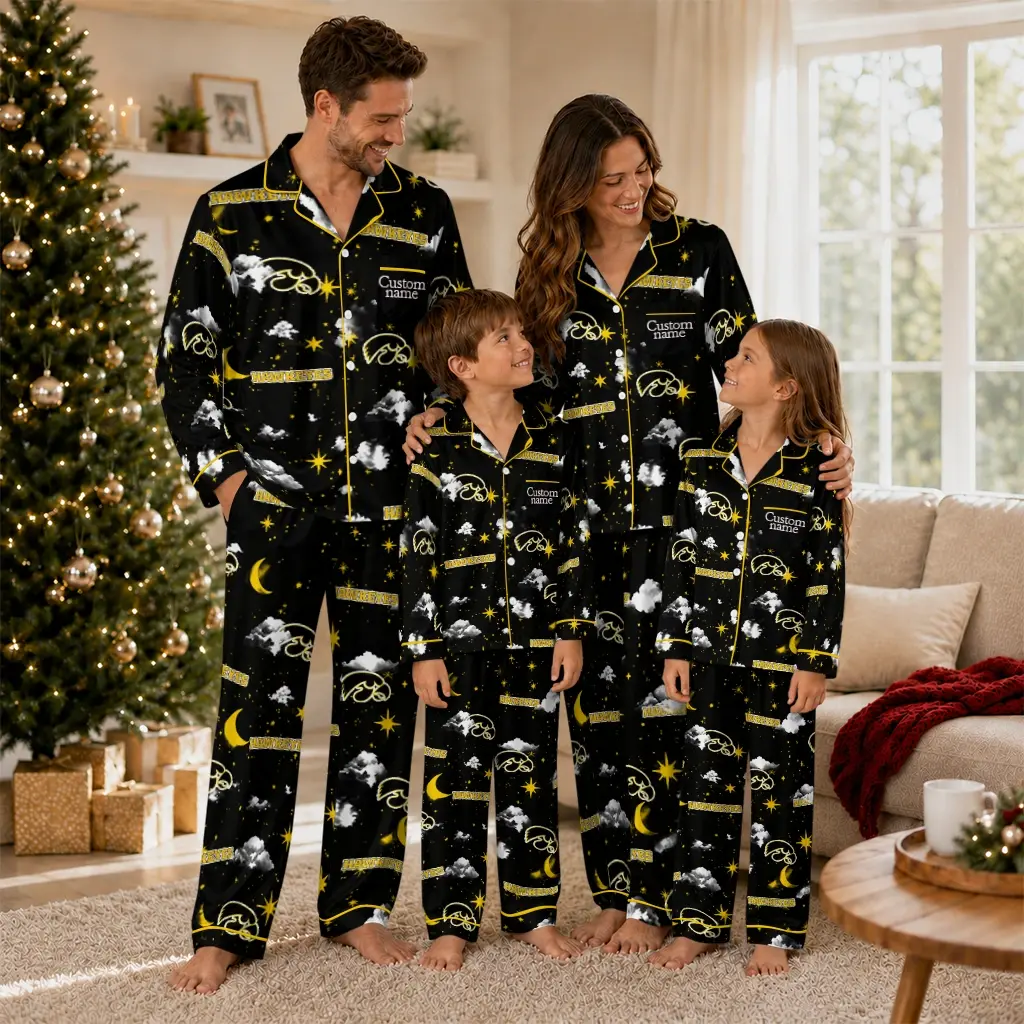 Iowa Hawkeyes Long Pajama Set Personalized Cloud Stars Black Latest Model Iowa Hawkeyes Long Pajama Set Personalized Cloud Stars Black Latest Model