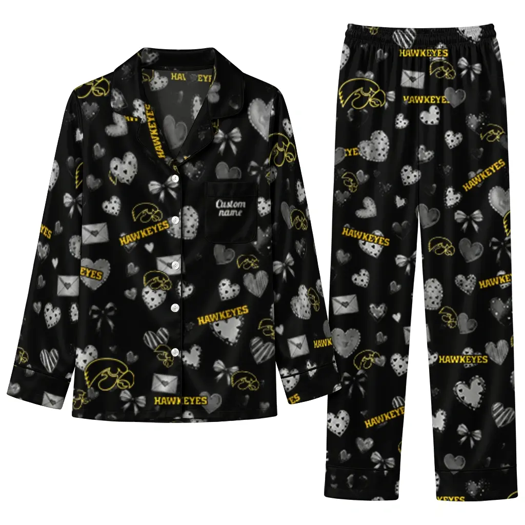 Iowa Hawkeyes Long Pajama Set Personalized Heart Charms Black Best Selling Iowa Hawkeyes Long Pajama Set Personalized Heart Charms Black Best Selling