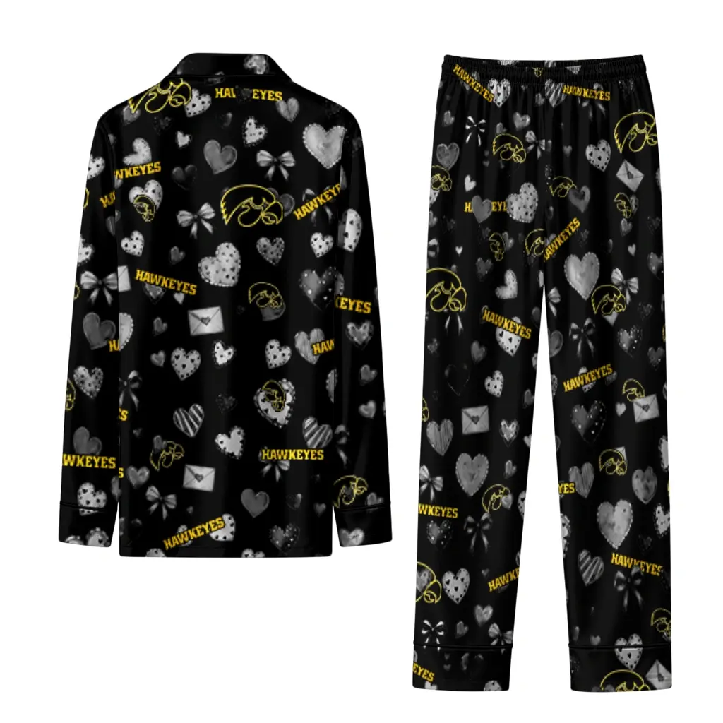 Iowa Hawkeyes Long Pajama Set Personalized Heart Charms Black Fashion Forward Iowa Hawkeyes Long Pajama Set Personalized Heart Charms Black Fashion Forward