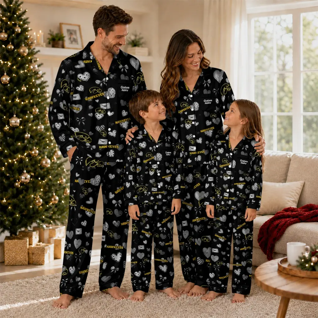 Iowa Hawkeyes Long Pajama Set Personalized Heart Charms Black Latest Model Iowa Hawkeyes Long Pajama Set Personalized Heart Charms Black Latest Model