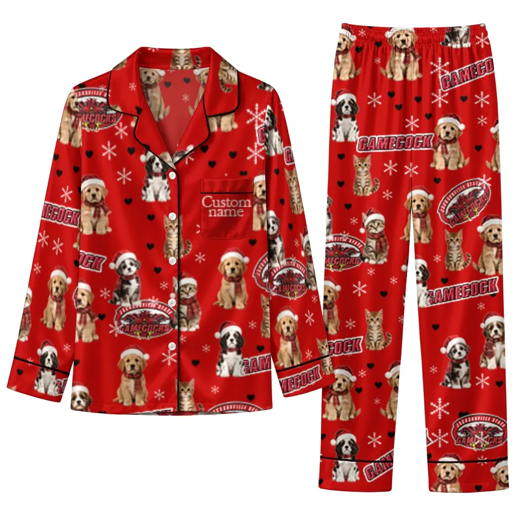 Jacksonville State Gamecocks Long Pajama Set Customized Animal Scatter Red Best Selling Jacksonville State Gamecocks Long Pajama Set Customized Animal Scatter Red Best Selling