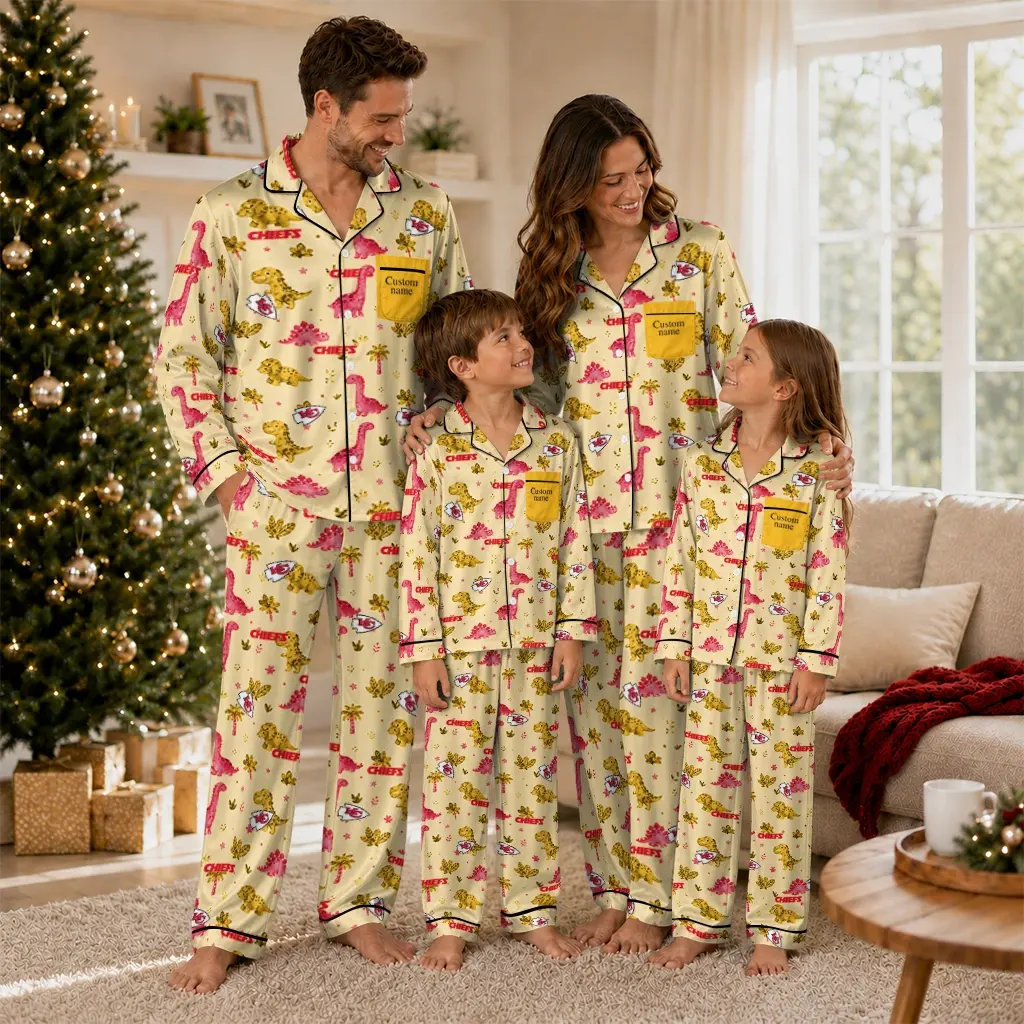 Kansas City Chiefs Long Pajama Set Custom Character Scatter Latest Model Kansas City Chiefs Long Pajama Set Custom Character Scatter Latest Model