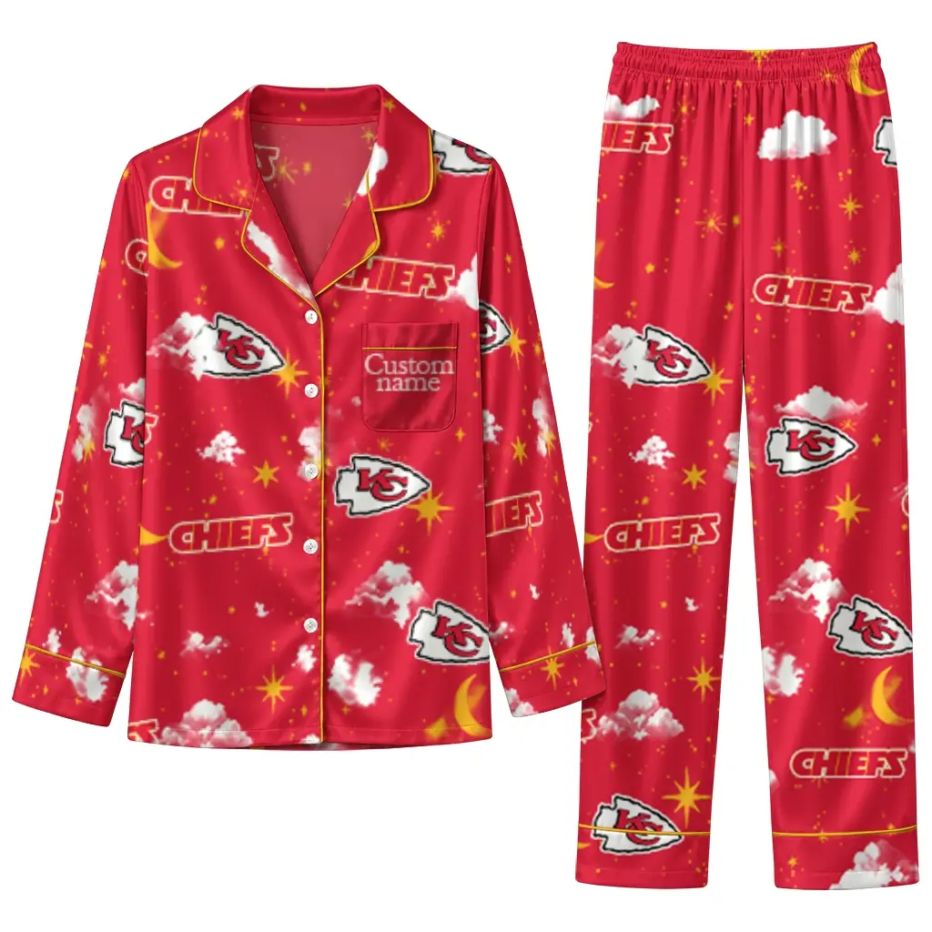 Kansas City Chiefs Long Pajama Set Personalized Cloud Stars Red Best Selling Kansas City Chiefs Long Pajama Set Personalized Cloud Stars Red Best Selling
