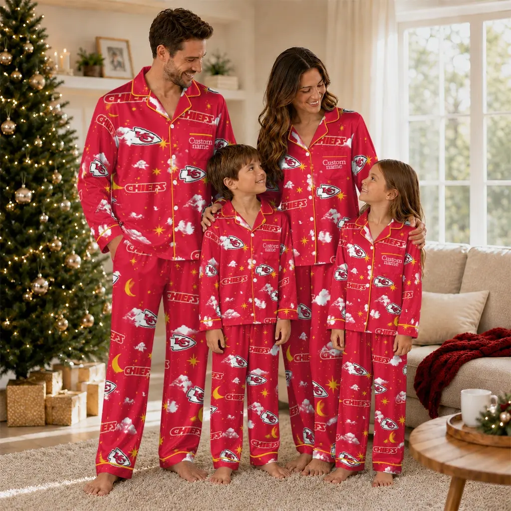 Kansas City Chiefs Long Pajama Set Personalized Cloud Stars Red Latest Model Kansas City Chiefs Long Pajama Set Personalized Cloud Stars Red Latest Model