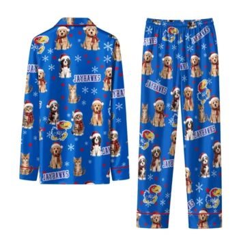 Kansas Jayhawks Long Pajama Set Custom Animal Scatter Blue Fashion Forward