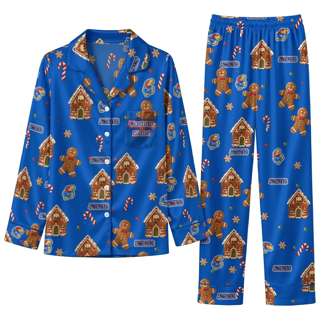 Kansas Jayhawks Long Pajama Set Custom Candy Scatter Blue Best Selling Kansas Jayhawks Long Pajama Set Custom Candy Scatter Blue Best Selling