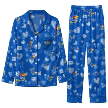 Kansas Jayhawks Long Pajama Set Custom Heart Charms Blue Best Selling