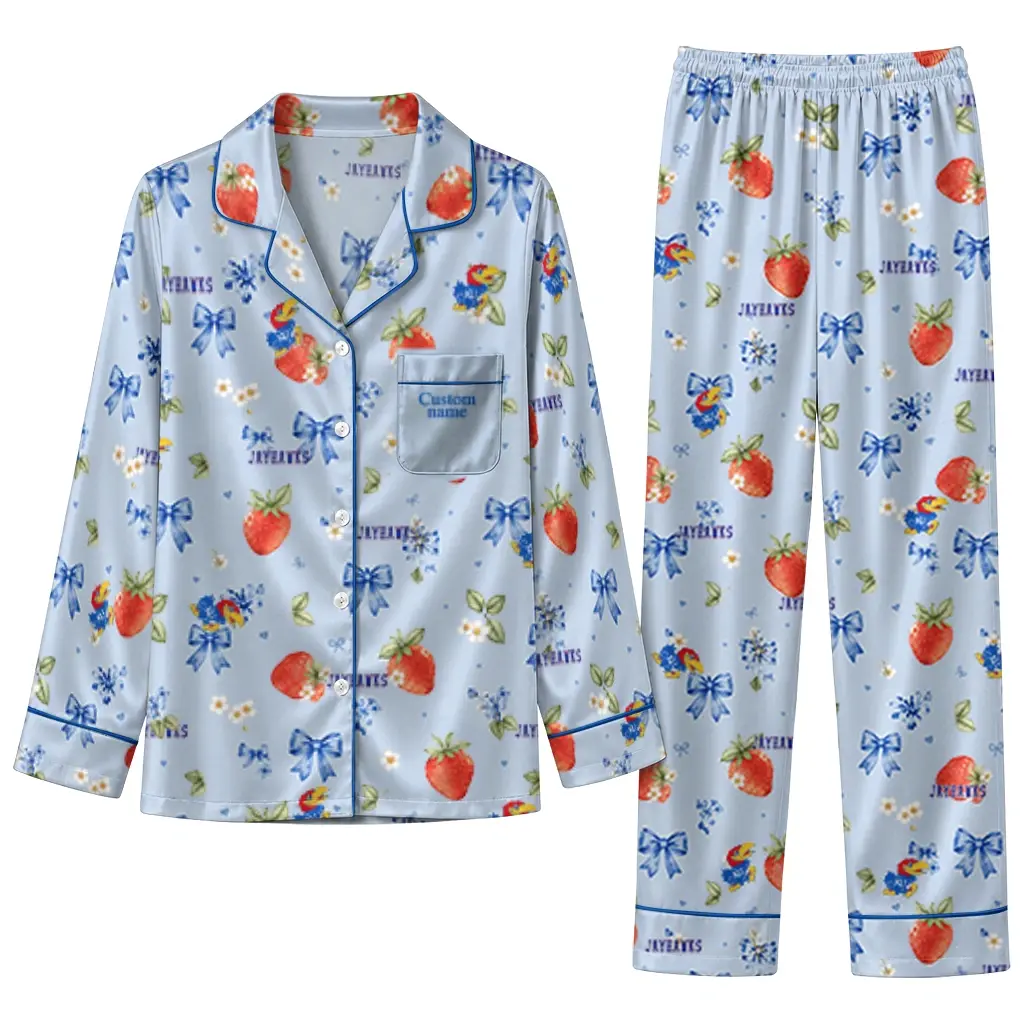 Kansas Jayhawks Long Pajama Set Custom Ribbon Florals Blue Best Selling Kansas Jayhawks Long Pajama Set Custom Ribbon Florals Blue Best Selling