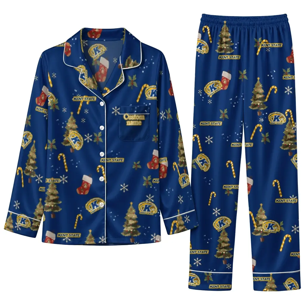 Kent State Golden Flashes Long Pajama Set Customized Sprig Scatter Navy Blue Best Selling Kent State Golden Flashes Long Pajama Set Customized Sprig Scatter Navy Blue Best Selling