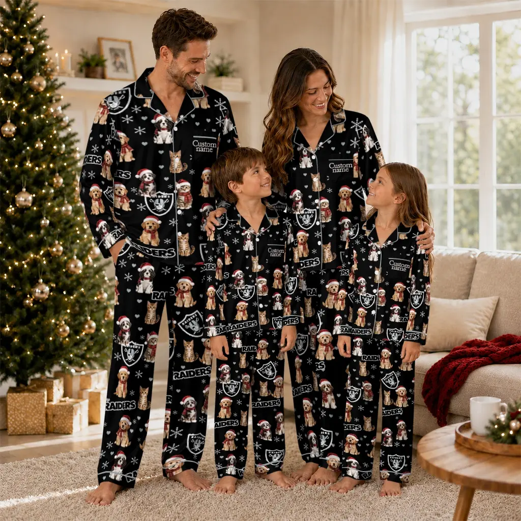 Las Vegas Raiders Long Pajama Set Customized Animal Scatter Black Latest Model Las Vegas Raiders Long Pajama Set Customized Animal Scatter Black Latest Model