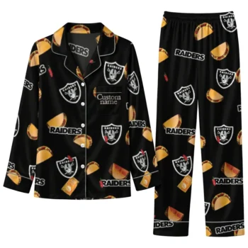 Las Vegas Raiders Long Pajama Set Personalized Snack Scatter Black Best Selling