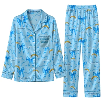 los angeles chargers long pajama set customized ribbon chains blue best selling.webp
