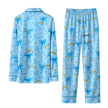 los angeles chargers long pajama set customized ribbon chains blue fashion forward.webp