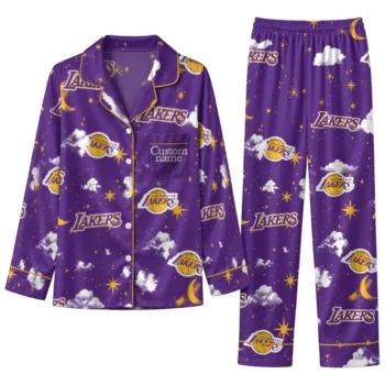 Los Angeles Lakers Long Pajama Set Personalized Cloud Stars Purple Best Selling