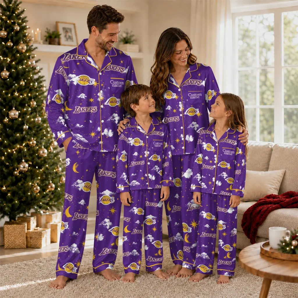 Los Angeles Lakers Long Pajama Set Personalized Cloud Stars Purple Latest Model Los Angeles Lakers Long Pajama Set Personalized Cloud Stars Purple Latest Model