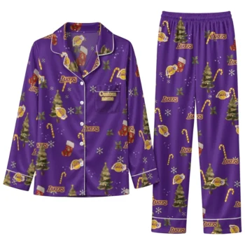 Los Angeles Lakers Long Pajama Set Personalized Sprig Scatter Purple Best Selling