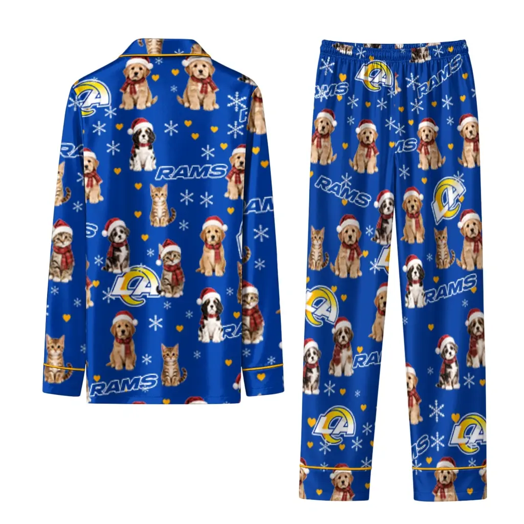 Los Angeles Rams Long Pajama Set Custom Animal Scatter Blue Fashion Forward Los Angeles Rams Long Pajama Set Custom Animal Scatter Blue Fashion Forward
