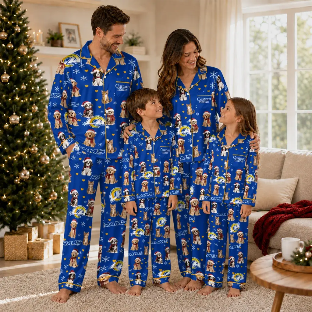 Los Angeles Rams Long Pajama Set Custom Animal Scatter Blue Latest Model Los Angeles Rams Long Pajama Set Custom Animal Scatter Blue Latest Model