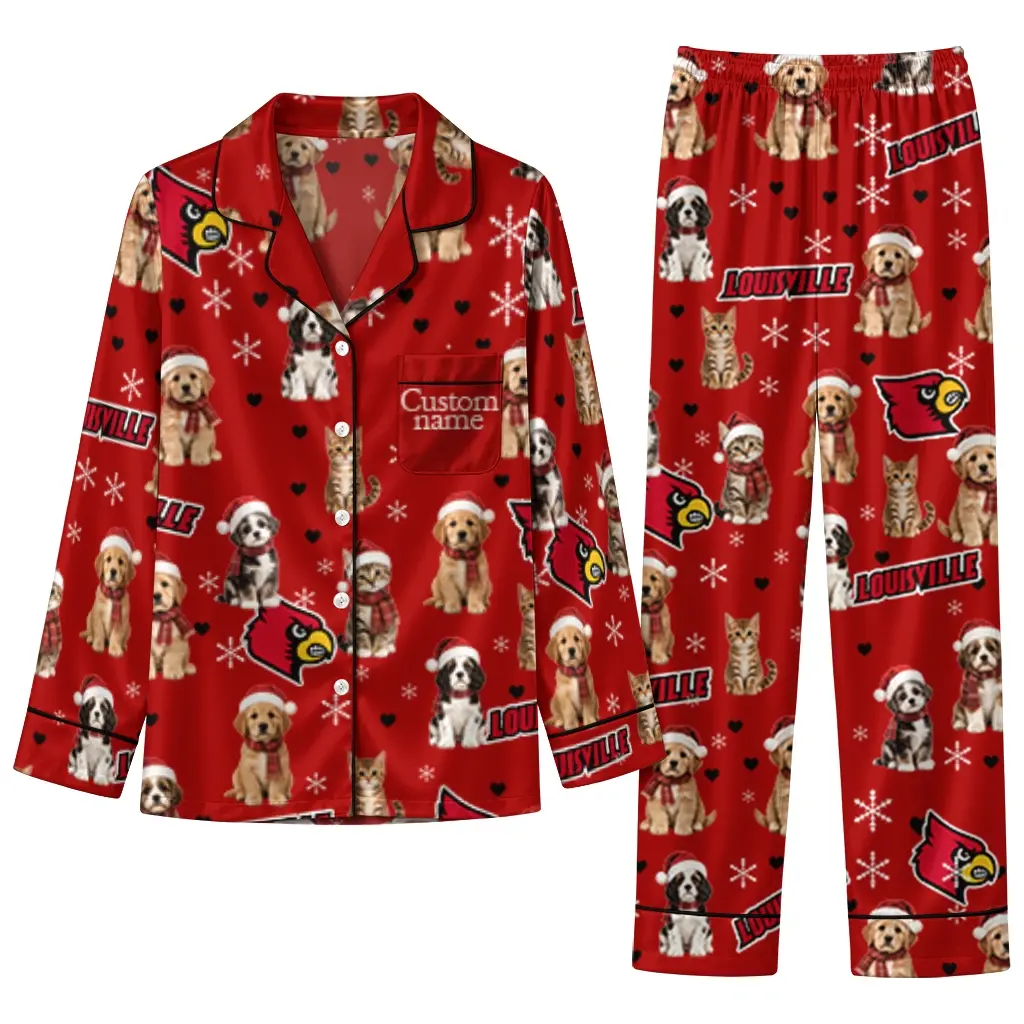 Louisville Cardinals Long Pajama Set Personalized Animal Scatter Red Best Selling Louisville Cardinals Long Pajama Set Personalized Animal Scatter Red Best Selling