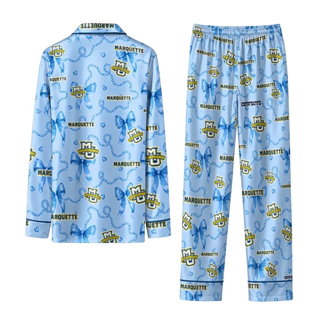 Marquette Golden Eagles Long Pajama Set Custom Ribbon Chains Blue Fashion Forward Marquette Golden Eagles Long Pajama Set Custom Ribbon Chains Blue Fashion Forward