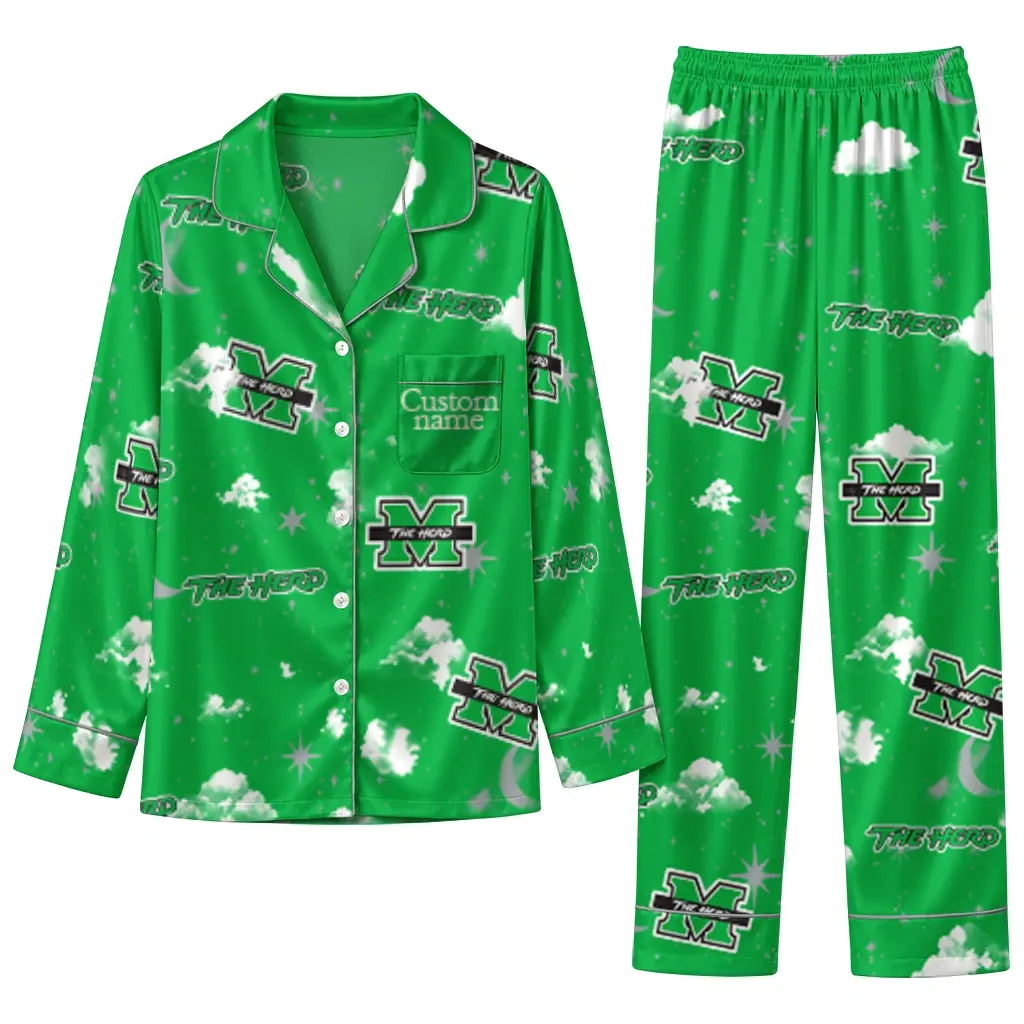 Marshall Thundering Herd Long Pajama Set Customized Cloud Stars Green Best Selling Marshall Thundering Herd Long Pajama Set Customized Cloud Stars Green Best Selling