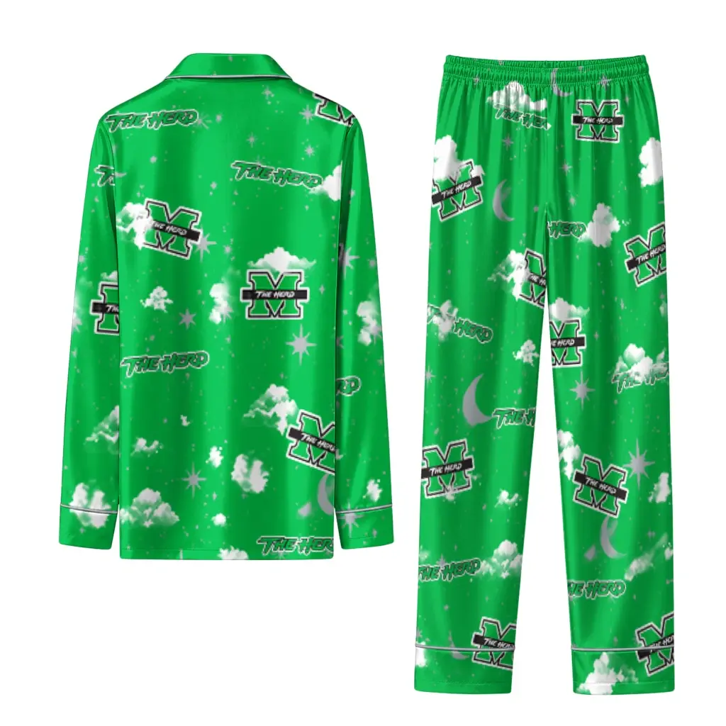 Marshall Thundering Herd Long Pajama Set Customized Cloud Stars Green Fashion Forward Marshall Thundering Herd Long Pajama Set Customized Cloud Stars Green Fashion Forward