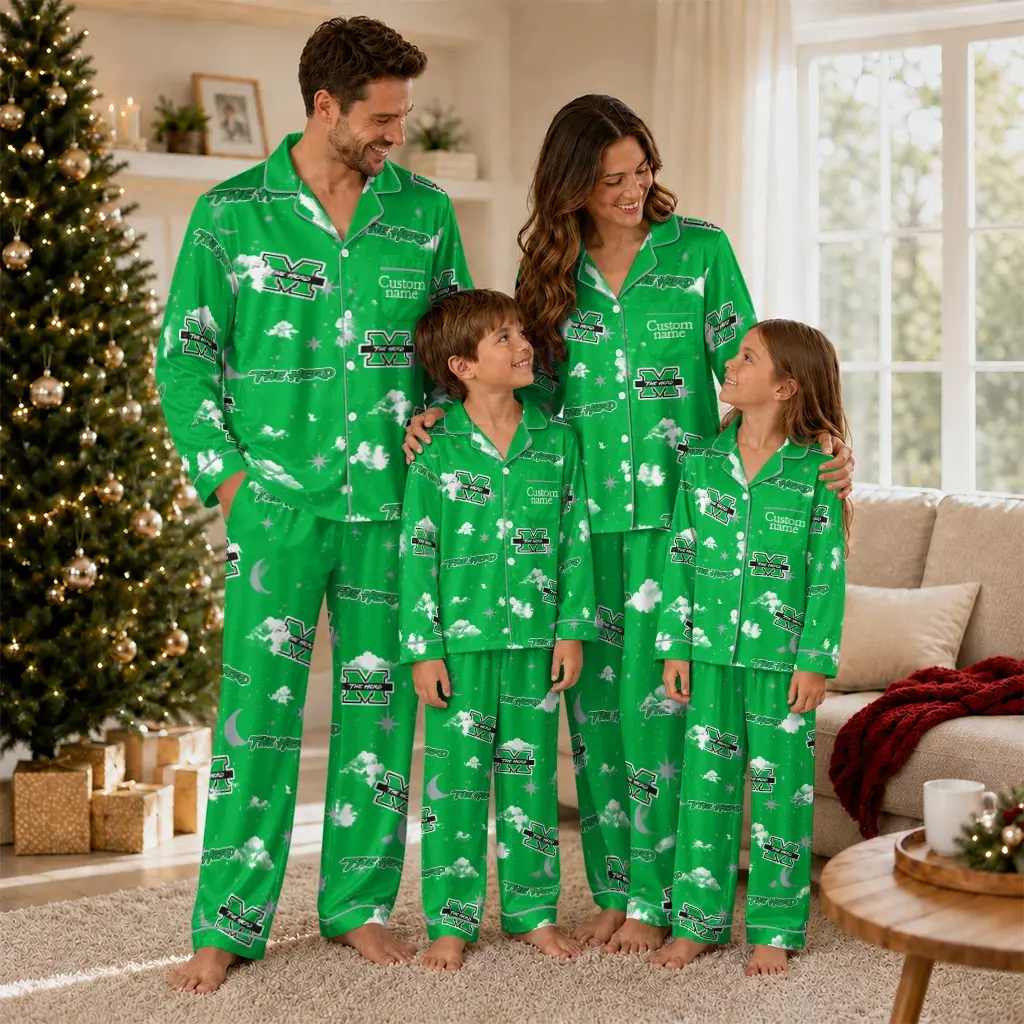 Marshall Thundering Herd Long Pajama Set Customized Cloud Stars Green Latest Model Marshall Thundering Herd Long Pajama Set Customized Cloud Stars Green Latest Model