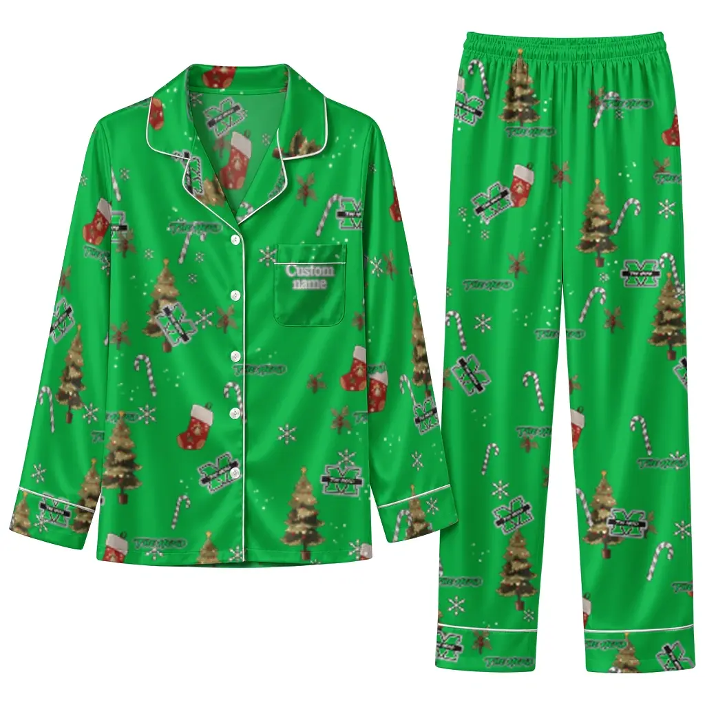 Marshall Thundering Herd Long Pajama Set Customized Sprig Scatter Green Best Selling Marshall Thundering Herd Long Pajama Set Customized Sprig Scatter Green Best Selling