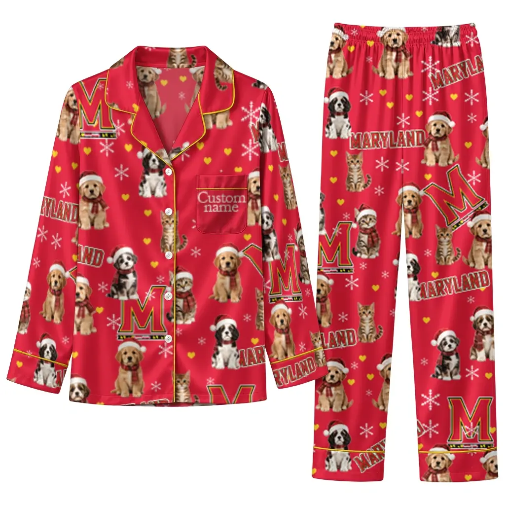 Maryland Terrapins Long Pajama Set Personalized Animal Scatter Red Best Selling Maryland Terrapins Long Pajama Set Personalized Animal Scatter Red Best Selling
