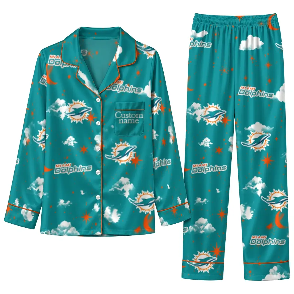 Miami Dolphins Long Pajama Set Custom Cloud Stars Aqua Best Selling Miami Dolphins Long Pajama Set Custom Cloud Stars Aqua Best Selling