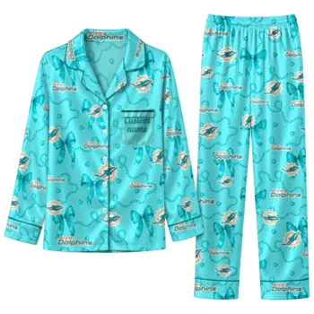 miami dolphins long pajama set custom ribbon chains aqua best selling.webp