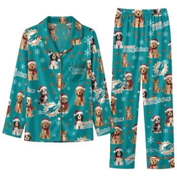 Miami Dolphins Long Pajama Set Customized Animal Scatter Aqua Best Selling