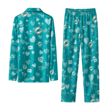 miami dolphins long pajama set customized heart charms aqua fashion forward.webp