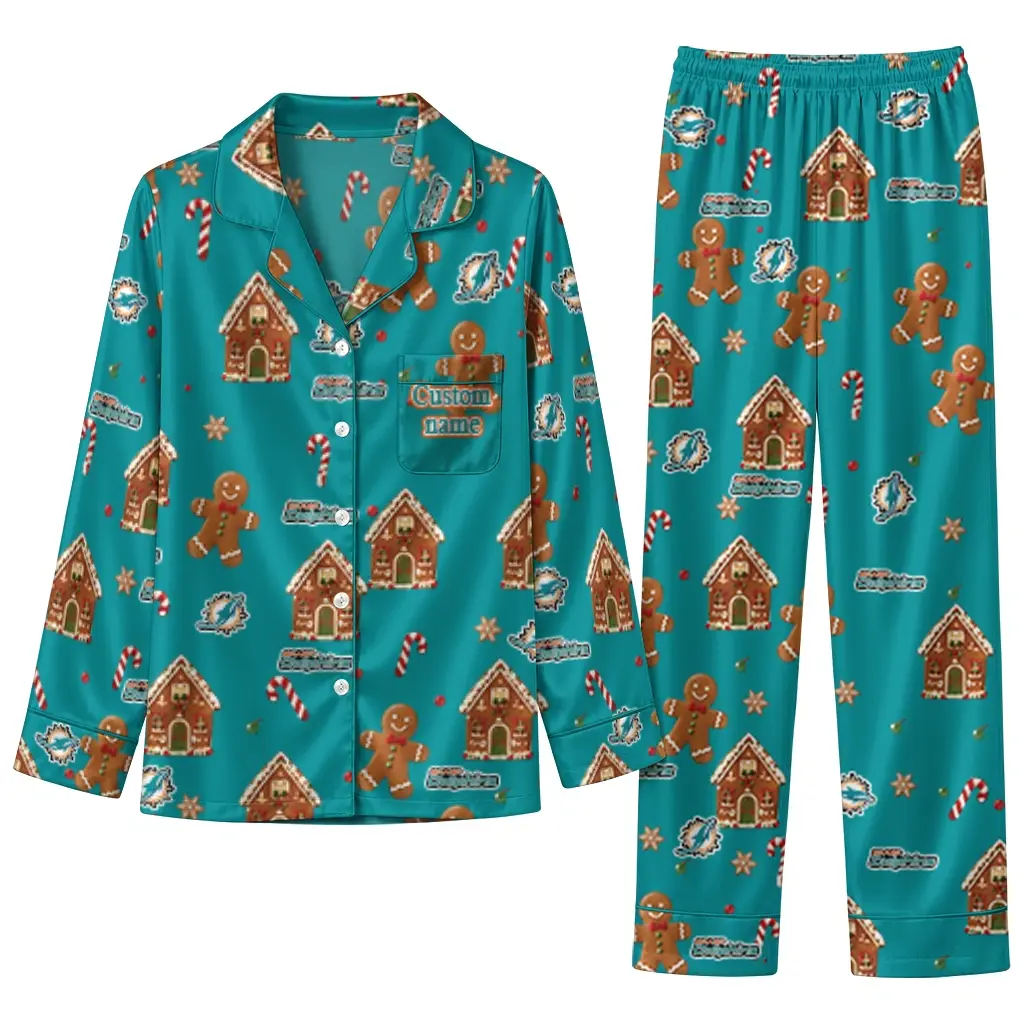Miami Dolphins Long Pajama Set Personalized Candy Scatter Aqua Best Selling Miami Dolphins Long Pajama Set Personalized Candy Scatter Aqua Best Selling