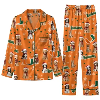 Miami Hurricanes Long Pajama Set Personalized Animal Scatter Orange Best Selling