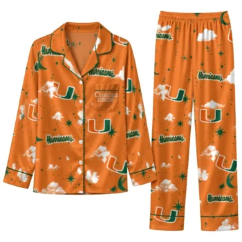 Miami Hurricanes Long Pajama Set Personalized Cloud Stars Orange Best Selling