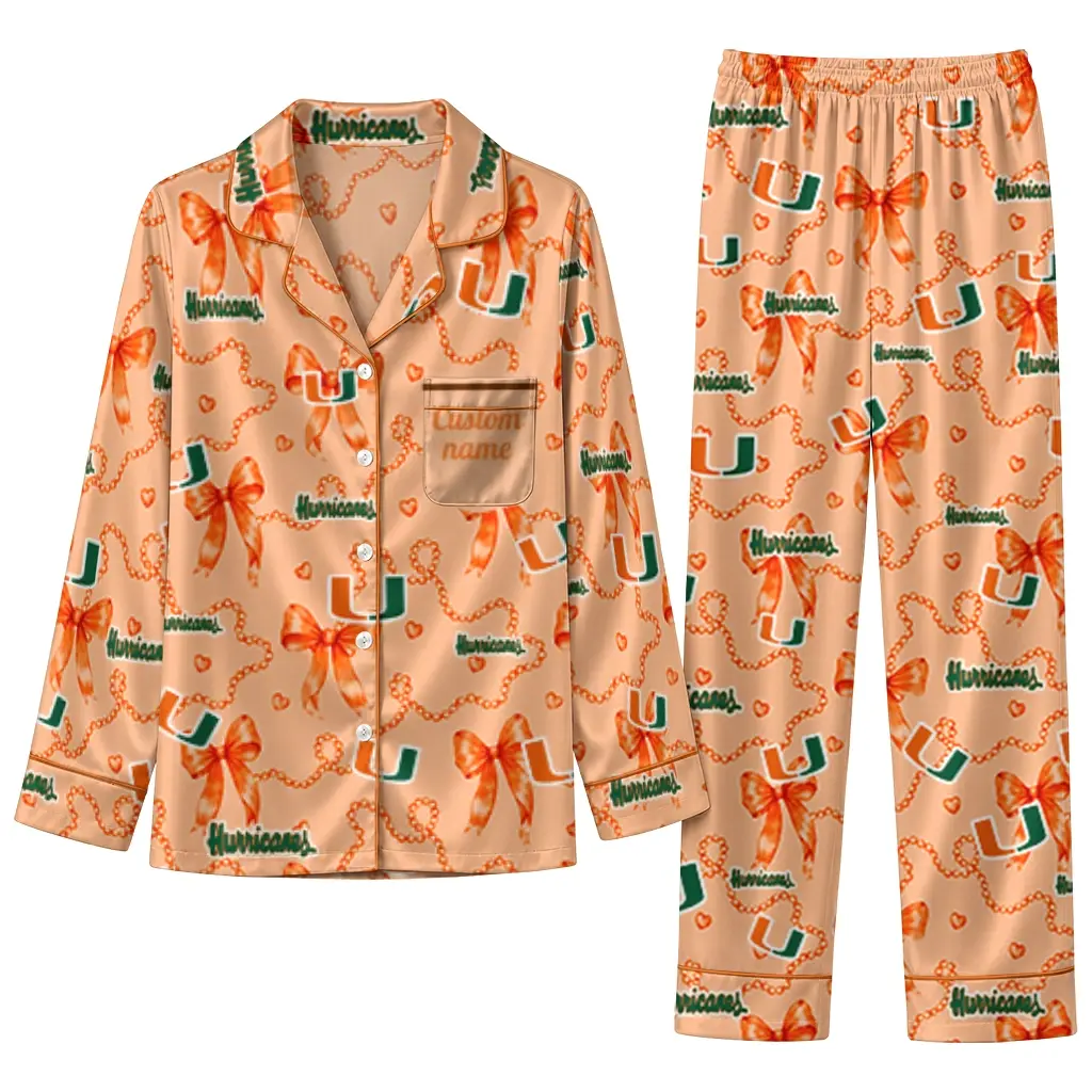 Miami Hurricanes Long Pajama Set Personalized Ribbon Chains Orange Best Selling Miami Hurricanes Long Pajama Set Personalized Ribbon Chains Orange Best Selling