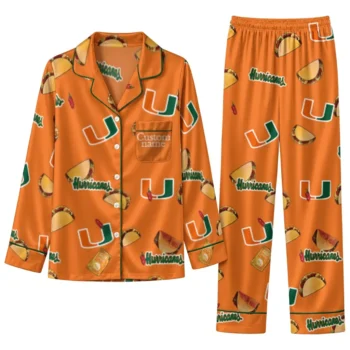 Miami Hurricanes Long Pajama Set Personalized Snack Scatter Orange Best Selling