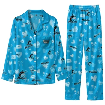 miami marlins long pajama set personalized heart charms blue best selling.webp