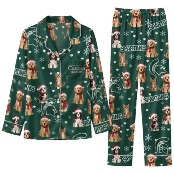 Michigan State Spartans Long Pajama Set Custom Animal Scatter Green Best Selling