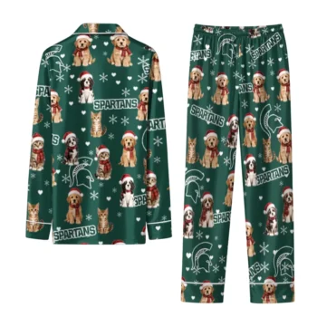 Michigan State Spartans Long Pajama Set Custom Animal Scatter Green Fashion Forward