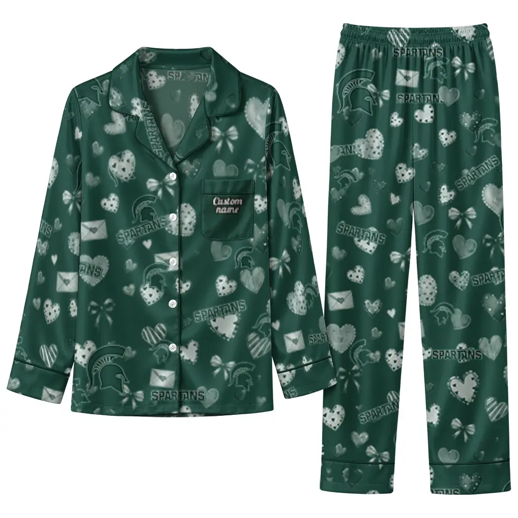 Michigan State Spartans Long Pajama Set Custom Heart Charms Green Best Selling Michigan State Spartans Long Pajama Set Custom Heart Charms Green Best Selling
