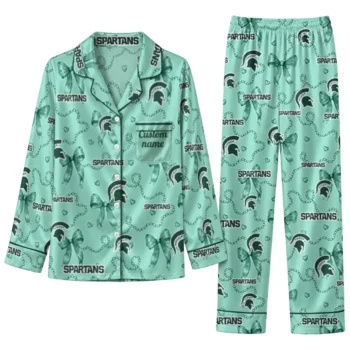 Michigan State Spartans Long Pajama Set Custom Ribbon Chains Green Best Selling