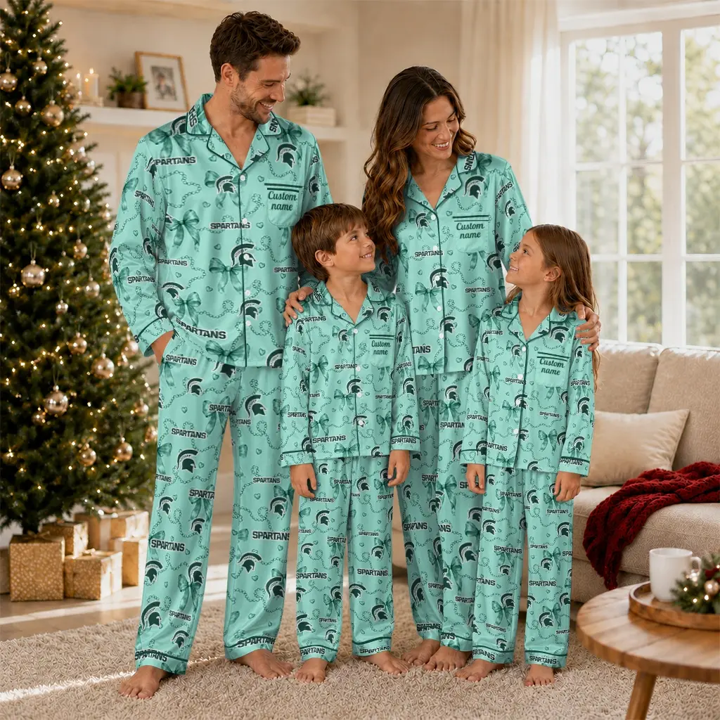 Michigan State Spartans Long Pajama Set Custom Ribbon Chains Green Latest Model Michigan State Spartans Long Pajama Set Custom Ribbon Chains Green Latest Model