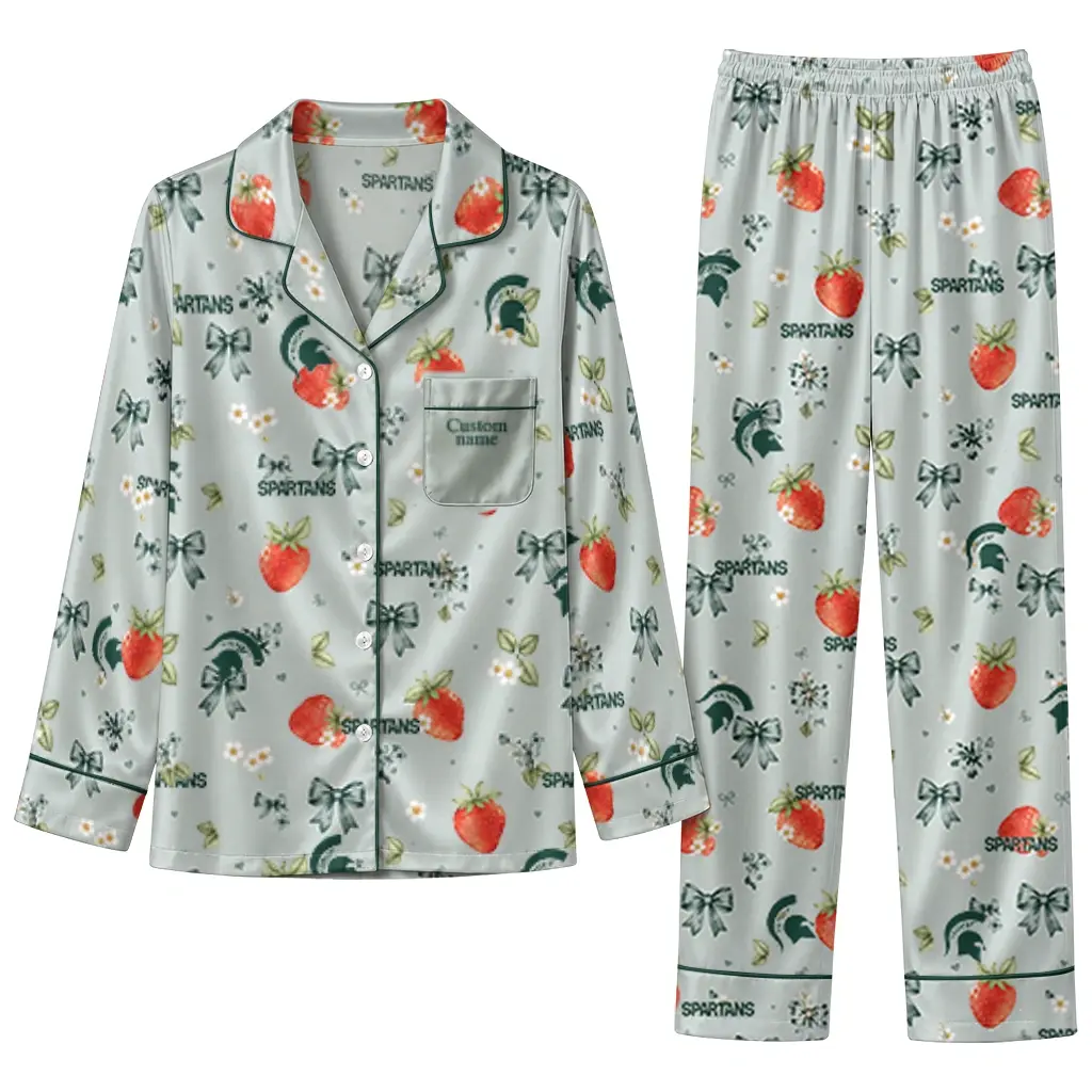 Michigan State Spartans Long Pajama Set Custom Ribbon Florals Green Best Selling Michigan State Spartans Long Pajama Set Custom Ribbon Florals Green Best Selling