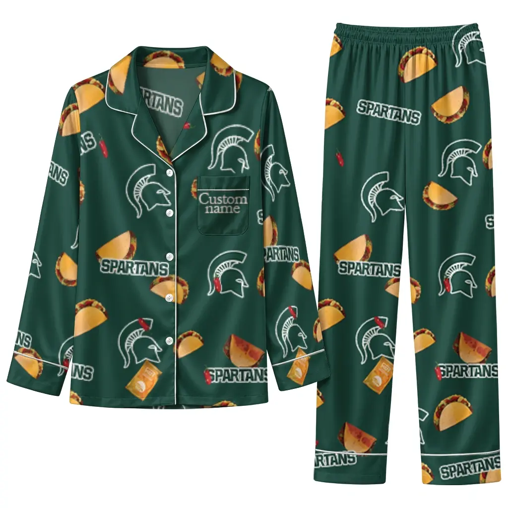 Michigan State Spartans Long Pajama Set Custom Snack Scatter Green Best Selling Michigan State Spartans Long Pajama Set Custom Snack Scatter Green Best Selling