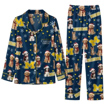 Michigan Wolverines Long Pajama Set Customized Animal Scatter Blue Best Selling