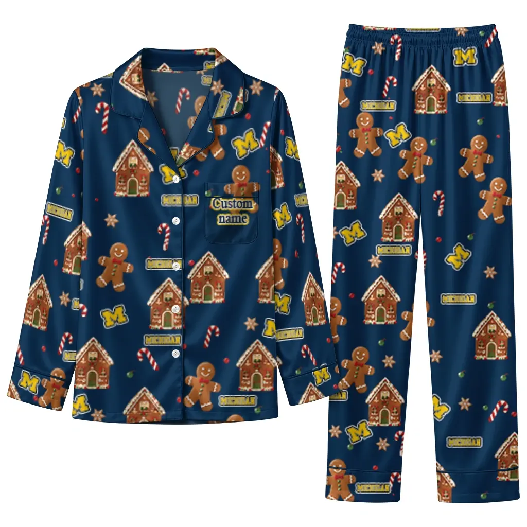 Michigan Wolverines Long Pajama Set Customized Candy Scatter Blue Best Selling Michigan Wolverines Long Pajama Set Customized Candy Scatter Blue Best Selling